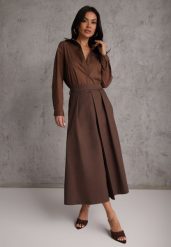 Brązowa Bawełniana Spódnica o Rozkloszowanym Kroju z Plisami Nerimara. Brązowe spódnice Renee, na co dzień, na lato, l, bez wzorów, z bawełny, casualowe, midi, proste. Za 119.99 zł.