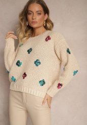 Beżowy Sweter z Wiskozą Zdobiony Cekinowymi Aplikacjami z Kwiatami Edalora. Brązowe swetry Renee, l, z aplikacjami, z jeansu, bez ramiączek. Za 84.99 zł.