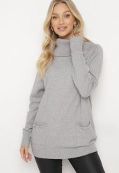 Szary Golf z Wiskozą Zdobiony Wsuwanymi Kieszonkami Viaela. Szare golfy Born2be, plus size, z aplikacjami, z jeansu, bez ramiączek. Za 84.99 zł.
