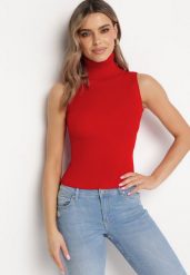 Czerwona Bluzka z Golfem bez Rękawów z Elastycznego Materiału Heliordia. Czerwone golfy Born2be, uniwersalny, bez wzorów, bez ramiączek. Za 39.99 zł.