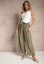 Zielone Spodnie o Szerokim Kroju High Waist z Wiązaniem Fenalin. Zielone spodnie materiałowe Renee, na co dzień, l, bez wzorów, z jeansu, z podwyższonym stanem. Za 44.99 zł.