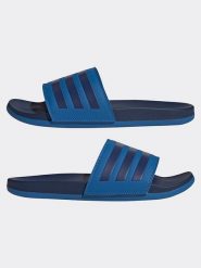 Adidas Klapki w kolorze niebiesko-granatowym rozmiar: 40,5. Niebieskie klapki Adidas, bez wzorów, z otwartym noskiem, bez obcasa. Za 172.49 zł.