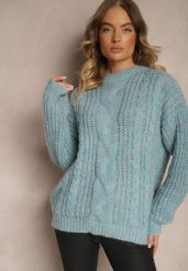 Jasnoniebieski Sweter z Wełną Ozdobiony Tłoczeniem Ecrisevia. Niebieskie swetry Renee, bez wzorów, z jeansu, bez ramiączek. Za 69.99 zł.
