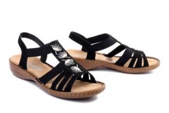 RIEKER 60875-00 black, sandały damskie. Czarne sandały Rieker, bez wzorów, bez obcasa, bez zapięcia. Za 299.90 zł.