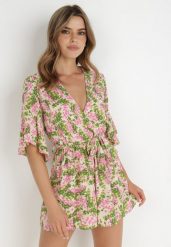 Zielono-Różowy Kombinezon Astiphae. Zielone sukienki Born2be, l, bez wzorów, bez kołnierzyka, bez ramiączek, mini, kopertowe. Za 139.99 zł.