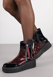 Czarno-Czerwone Botki Lakierowane Vices na Koturnie i Platformie Ozdobione Suwakiem Gattie. Czarne botki Renee, bez wzorów, z jeansu, bez obcasa, na koturnie, bez zapięcia. Za 139.99 zł.