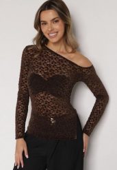 Brązowa Koronkowa Bluzka z Długim Rękawem i Asymetrycznym Dekoltem Liwedara. Brązowe bluzki Born2be, l, bez wzorów, z jeansu, eleganckie, z asymetrycznym kołnierzem, bez ramiączek. Za 99.99 zł.