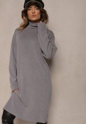 Szara Sukienka Sweterkowa Golf z Bawełną i Wełną Ilanithe. Szare sukienki Renee, na co dzień, l, bez wzorów, z bawełny, eleganckie, bez kołnierzyka, bez ramiączek, midi, proste. Za 69.99 zł.