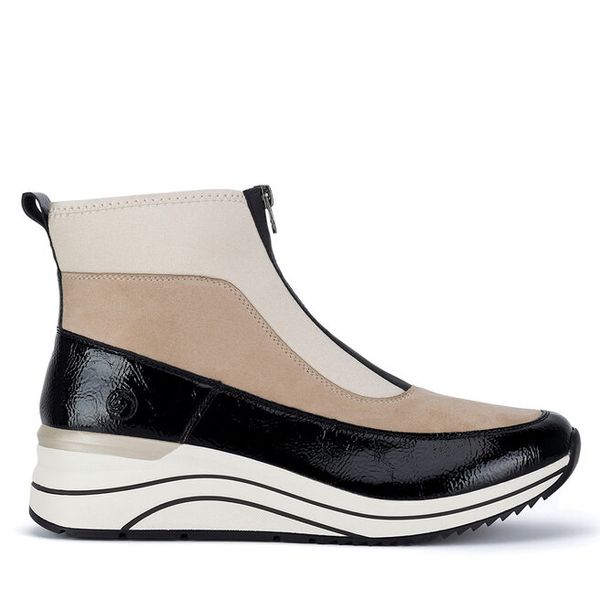 Botki Remonte. Brązowe botki Remonte, bez wzorów, bez obcasa, na koturnie, bez zapięcia. Za 272.99 zł.