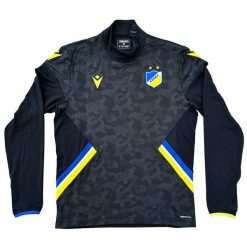 Koszulka treningowa z 1/4 z zamkiem błyskawicznym APOEL Nicosie 2022/23. Czarne bluzki Macron, bez wzorów, sportowe, bez kołnierzyka, bez ramiączek. Za 263.50 zł.