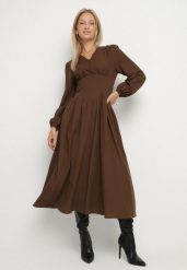Brązowa Sukienka z Wiskozą o Kroju z Gorsetową Talią i Bufiastymi Rękawami Aniste. Brązowe sukienki Born2be, na co dzień, l, bez wzorów, z poliesteru, eleganckie, bez kołnierzyka, bez ramiączek, midi, gorsetowe. Za 139.99 zł.