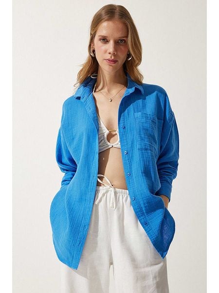 Happiness Istanbul Bluzka w kolorze niebieskim rozmiar: 40. Niebieskie bluzki Happiness Istanbul, bez wzorów, bez kołnierzyka, bez ramiączek. Za 69.91 zł.