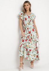 Jasnozielona Rozkloszowana Sukienka Maxi z Wiskozy w Kwiatowy Print Unadis. Zielone sukienki Born2be, na lato, l, bez wzorów, z wiskozy, bez kołnierzyka, bez ramiączek, maxi, rozkloszowane. Za 99.99 zł.
