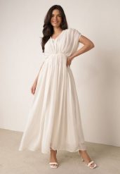 Beżowa Rozkloszowana Sukienka Koktajlowa w Eterycznym Stylu Megania. Brązowe sukienki Born2be, na wesele, l, bez wzorów, z elastanu, eleganckie, bez kołnierzyka, bez ramiączek, maxi, kopertowe. Za 199.99 zł.