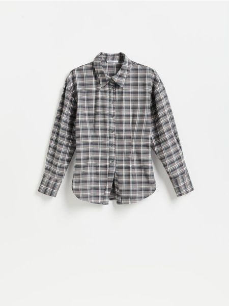 Taliowana koszula w kratę - szary. Szare koszule Reserved, l, bez wzorów, z bawełny, bez kołnierzyka, bez ramiączek. Za 139.99 zł.
