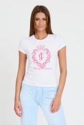 JUICY COUTURE Biały damski t-shirt Heritage Crest Fitted, Rozmiar M. Białe t-shirty Juicy Couture, m, bez wzorów, bez kołnierzyka, bez ramiączek. W wyprzedaży za 99.99 zł.