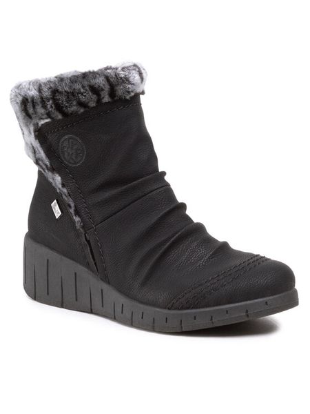 Rieker Botki Y1361-00 Czarny. Czarne botki Rieker, bez wzorów, ze skóry, bez obcasa, na słupku, bez zapięcia. Za 349.99 zł.