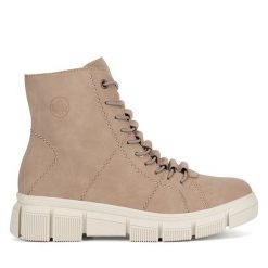 Botki Rieker. Brązowe botki Rieker, bez wzorów, bez obcasa, na płaskiej podeszwie, bez zapięcia. Za 311.99 zł.