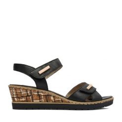 Sandały Remonte. Czarne sandały Remonte, bez wzorów, bez obcasa, na koturnie, bez zapięcia. Za 359.99 zł.