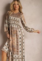 Beżowa Sukienka Maxi Boho z Bufiastym Rękawem i Rozkloszowanym Dołem Veltiana. Brązowe sukienki Renee, na co dzień, l, bez wzorów, z materiału, boho, bez kołnierzyka, bez ramiączek, maxi, kopertowe. Za 129.99 zł.