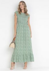 Zielona Rozkloszowana Sukienka Maxi w Kwiaty Ocoletta. Zielone sukienki Born2be, na imprezę, m, bez wzorów, z tkaniny, bez kołnierzyka, bez ramiączek, maxi, rozkloszowane. Za 79.99 zł.