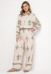 Beżowy Komplet z Wiskozy w Stylu Boho Koszula i Spodnie Zdobione Haftem Sarhiris. Brązowe koszule Born2be, l, z aplikacjami, z wiskozy, boho, bez kołnierzyka, bez ramiączek. Za 159.99 zł.