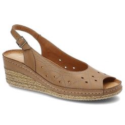 Sandały damskie Pollonus, wykonane ze skóry naturalnej licowej z ażurową perforacją na cholewce wsuwaną konstrukcją z odkrytą piętą i podeszwą na kot. Brązowe sandały Pollonus, w ażurowe wzory, z jeansu, klasyczne, bez obcasa, na koturnie, bez zapięcia. Za 155.00 zł.