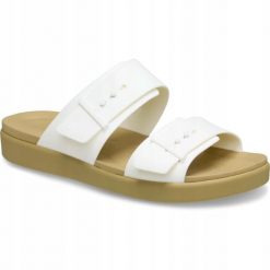 Sandały dla Kobiet Crocs Brooklyn Buckle Low. Białe sandały Crocs, bez wzorów, z materiału, eleganckie, bez obcasa, na obcasie, bez zapięcia. Za 239.99 zł.