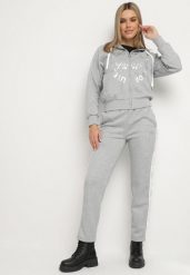 Szary Komplet Dresowy Rozpinana Bluza z Kapturem Spodnie z Napisami Semirwen. Szare bluzy Born2be, l, bez wzorów, z dresówki, z kapturem. Za 139.99 zł.