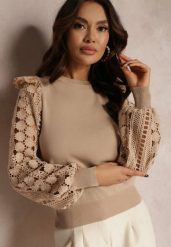 Beżowy Sweter Dzianinowy z Falbankami i Ażurowym Zdobieniem Halni. Brązowe swetry Renee, z aplikacjami, z dzianiny, bez ramiączek. Za 129.99 zł.