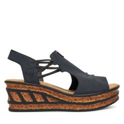 Sandały Rieker. Niebieskie sandały Rieker, bez wzorów, bez obcasa, na koturnie, bez zapięcia. Za 319.99 zł.