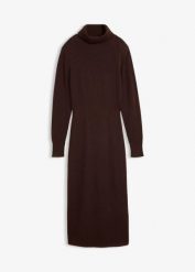Sukienka dzianinowa z wełny merino. Brązowe sukienki bonprix, na imprezę, na jesień, bez wzorów, z dzianiny, bez kołnierzyka, bez ramiączek. Za 359.99 zł.