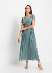 Długa sukienka z cekinami. Niebieskie sukienki bonprix, bez wzorów, bez kołnierzyka, bez ramiączek, maxi. Za 309.99 zł.