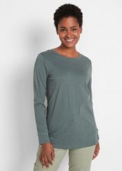 Długa koszulka z okrągłym dekoltem i długim rękawem (zestaw 5 szt.). Czarne bluzki bonprix, bez wzorów, bez kołnierzyka, bez ramiączek. Za 159.99 zł.