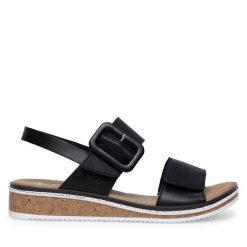 Sandały Rieker. Czarne sandały Rieker, bez wzorów, bez obcasa, na koturnie, bez zapięcia. Za 319.99 zł.