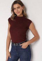 Bordowy Marszczony Top z Bawełny i Wiskozy z Półgolfem Zetalia. Czerwone topy Born2be, m, bez wzorów, z bawełny, bez kołnierzyka, bez ramiączek. Za 59.99 zł.