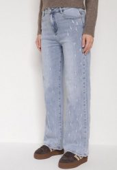 Niebieskie Bawełniane Szerokie Jeansy z Wysokim Stanem i Przetarciami Lilinryss. Niebieskie jeansy Born2be, l, bez wzorów, z podwyższonym stanem. Za 119.99 zł.