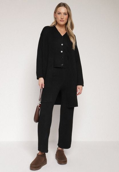 Czarny Komplet z Dzianiny z Wełną Spodnie Kardigan i Kamizelka na Guziki Meviseffa. Czarne kardigany Born2be, bez wzorów, z bawełny. Za 149.99 zł.