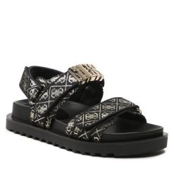 Sandały Guess. Czarne sandały Guess, z aplikacjami, bez obcasa, na płaskiej podeszwie, bez zapięcia. Za 369.99 zł.
