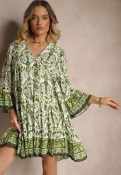 Zielona Sukienka z Wiskozą o Rozkloszowanym Kroju w Etniczny Print Aledia. Zielone sukienki Renee, na co dzień, na lato, l, bez wzorów, z materiału, bez kołnierzyka, bez ramiączek, mini, proste. Za 99.99 zł.