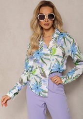 Beżowo-Niebieska Klasyczna Koszula z Bawełnianej Tkaniny w Kwiaty Andelia. Brązowe koszule Renee, l, bez wzorów, z bawełny, eleganckie, bez kołnierzyka, bez ramiączek. Za 99.99 zł.