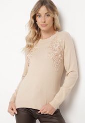 Ciemnobeżowy Sweter z Koronkowymi Wstawkami z Bawełną Deriera. Brązowe swetry Born2be, s, z aplikacjami, z bawełny, bez ramiączek. Za 69.99 zł.