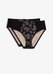 Figi z wysokim stanem z delikatną koronką (2 szt.). Czarne figi bonprix, bez wzorów, z koronki. Za 77.99 zł.