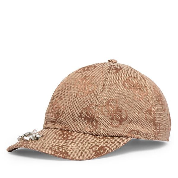 Czapka z daszkiem Guess. Brązowe czapki Guess, z aplikacjami. Za 194.99 zł.