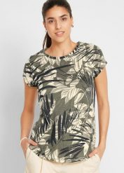 T-shirt z bawełny z nadrukiem i minirękawkami. Zielone t-shirty bonprix, bez wzorów, z bawełny, bez kołnierzyka, bez ramiączek. Za 42.99 zł.