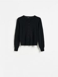 Kardigan z wełną - czarny. Czarne kardigany Reserved, l, bez wzorów, z dzianiny. Za 139.99 zł.