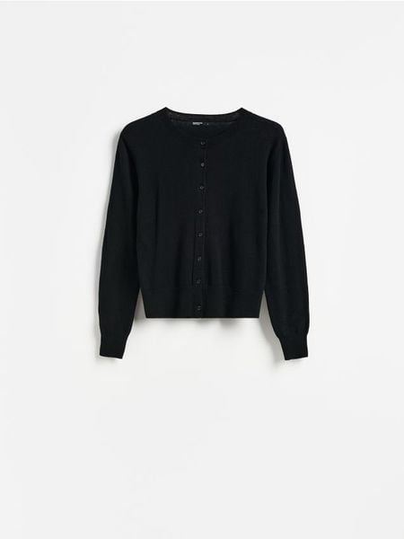 Kardigan z wełną - czarny. Czarne kardigany Reserved, l, bez wzorów, z dzianiny. Za 139.99 zł.
