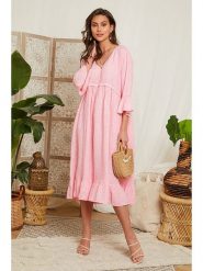 Lin Passion Lniana sukienka w kolorze jasnoróżowym rozmiar: 34/36. Różowe sukienki Lin Passion, bez wzorów, ze lnu, klasyczne, bez kołnierzyka, bez ramiączek, midi. Za 173.99 zł.