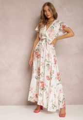 Biała Sukienka w Kwiaty o Kopertowym Kroju z Wiązanym Paskiem Iphene. Białe sukienki Renee, na co dzień, na lato, l, bez wzorów, eleganckie, bez kołnierzyka, bez ramiączek, maxi, kopertowe. Za 64.99 zł.