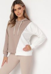 Beżowa Bluza z Bawełny z Asymetrycznym Wzorem i Kapturem Revea. Brązowe bluzy Born2be, bez wzorów, z bawełny, z kapturem. Za 89.99 zł.